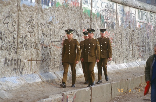 Berlin (West), Germany, 1990. British military patrol of the former Allied Forces shows presence at the Berlin Wall after the events of 11/9/89.