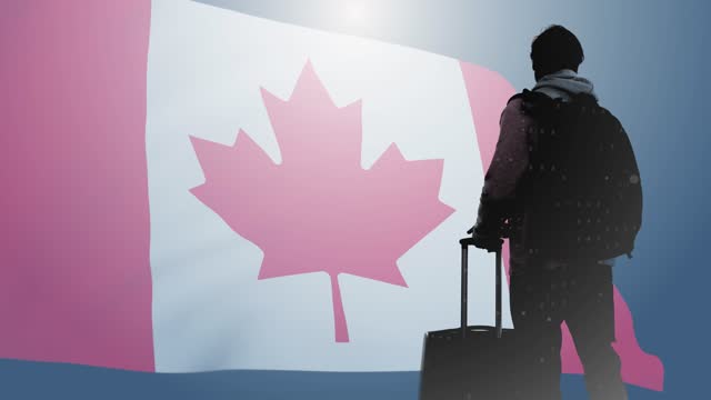 Computer graphics and double exposure. A tourist with a backpack and a suitcase against the background of a translucent waving flag of Canada. Refugee. Businessman without borders