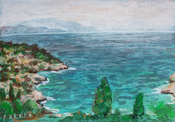 istock Turkish seascape drawn with pastel pencils in cloudy weather overlooking the mountain. Illustration 1479842494