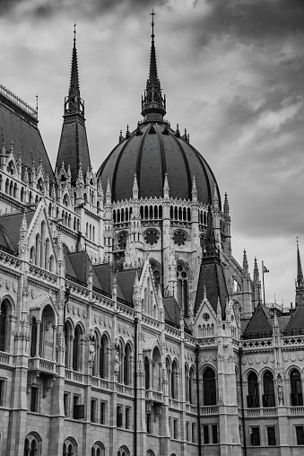 The grand Parliament Building on the banks of the river Danube in Budapest, Hungary