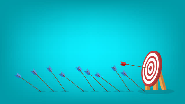 Blue arrows missed hitting target and only red one hits the center. Business challenge failure and success concept.