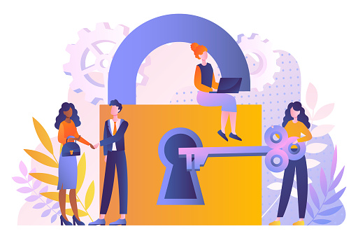 People with key near padlock. Men and women working on common business project. Teamwork, collaboration and cooperation. Career potential and business opportunity. Cartoon flat vector illustration