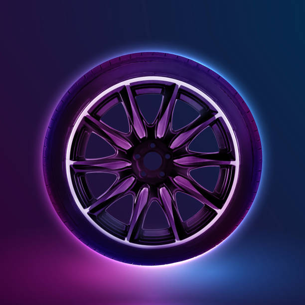 black wheels on a black background in neon lighting, 3d illustration