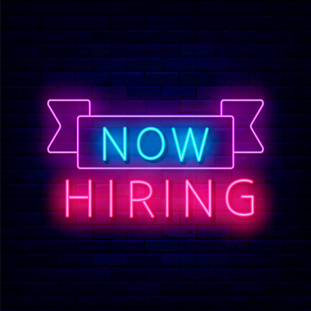 istock Now hiring neon label. Free vacancy emblem. Job searching. Recruitment work. Vector illustration 1479845992