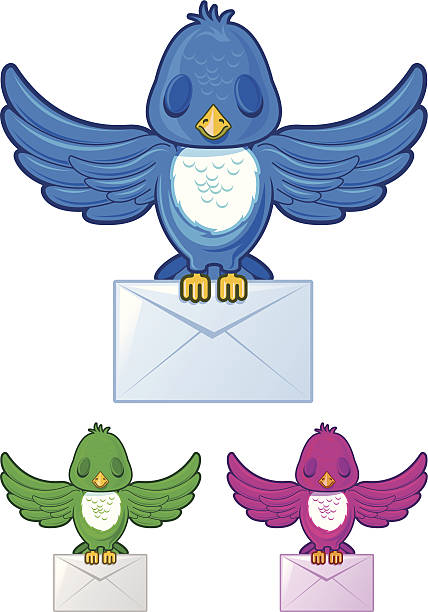 птица в полете с конверт почты в трех разных цветов - twitter bird elegance blue stock illustrations