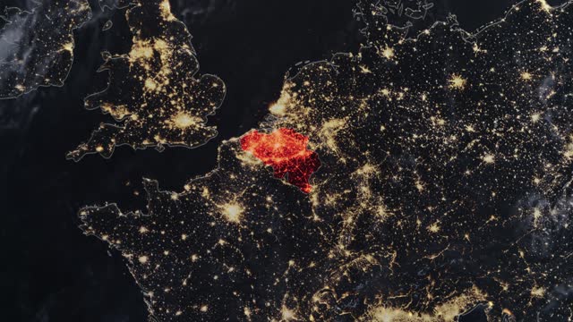 Highlighted dark map of Belgium, zooming in from the space through a 4K photo real animated globe, with a panoramic view consisting of Asia, Africa and Europe. Epic spinning world animation, Realistic planet earth, highlight, satellite, aerial