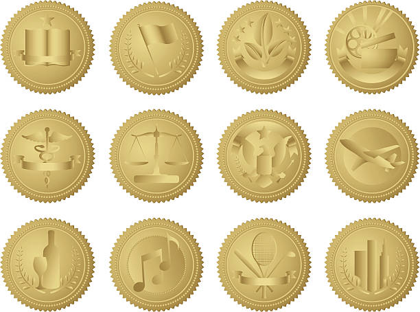 Industry Gold Seals This is a set of 12 unique gold document seals, designed for a variety of industries. Each seal is isolated, grouped, labeled, and on an individual layer. wow airlines stock illustrations