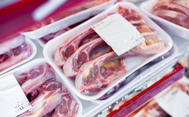 istock Raw lamb meat in packages on display in butcher shop 1479856037