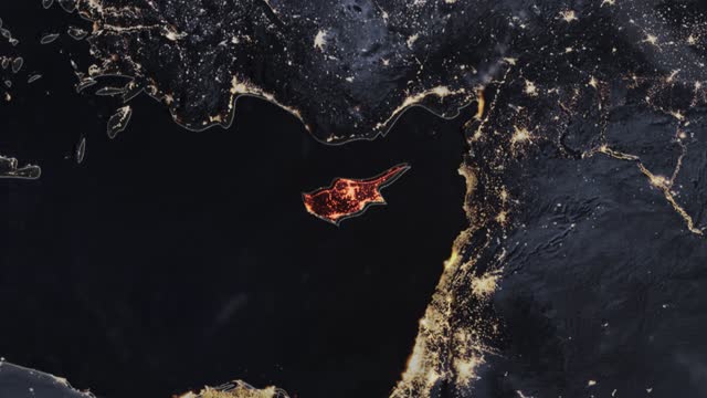 Highlighted dark map of Cyprus, zooming in from the space through a 4K photo real animated globe, with a panoramic view consisting of Asia, Africa and Europe. Epic spinning world animation, Realistic planet earth, highlight, satellite, aerial