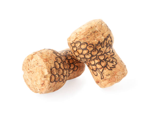 istock Two sparkling wine corks with grape images on white background 1479858153