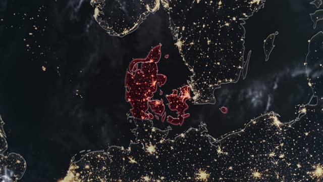 Highlighted dark map of Denmark, zooming in from the space through a 4K photo real animated globe, with a panoramic view consisting of Asia, Africa and Europe. Epic spinning world animation, Realistic planet earth, highlight, satellite, aerial
