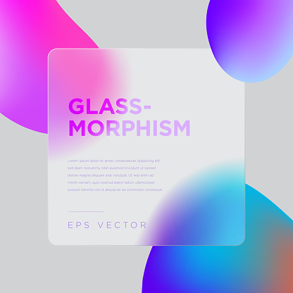 Liquid abstract shapes on the light background. Transparent square frame in glass morphism or glass morphism style. Transparent and blurred frame. Vector illustration.