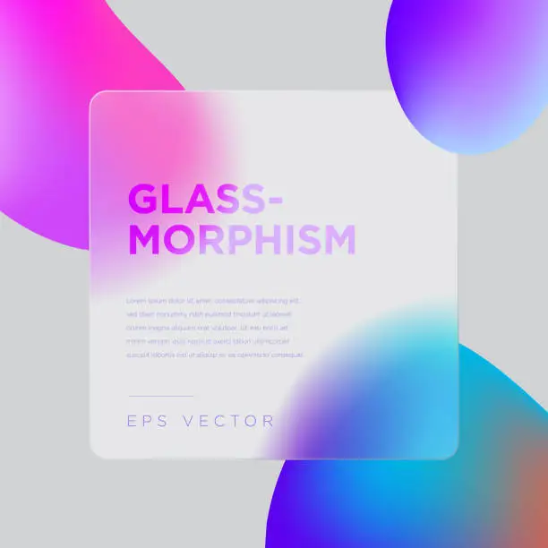 Vector illustration of Fluid abstract shapes on the background. Transparent square frame in glass morphism or glass morphism style.