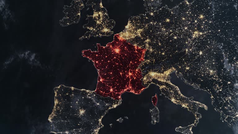 Highlighted dark map of France, zooming in from the space through a 4K photo real animated globe, with a panoramic view consisting of Asia, Africa and Europe. Epic spinning world animation, Realistic planet earth, highlight, satellite, aerial