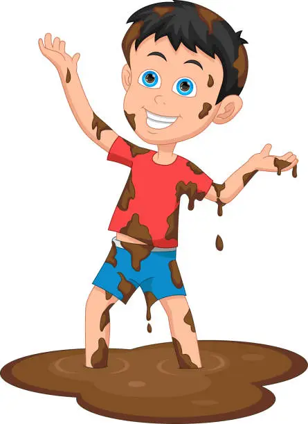 Vector illustration of happy boy playing mud