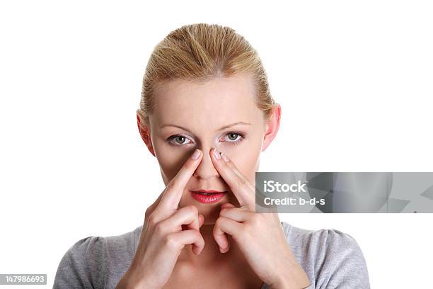 Woman With Hands Over Her Nose Feeling Pain Stock Photo - Download Image Now - One Woman Only, Physical Pressure, Women