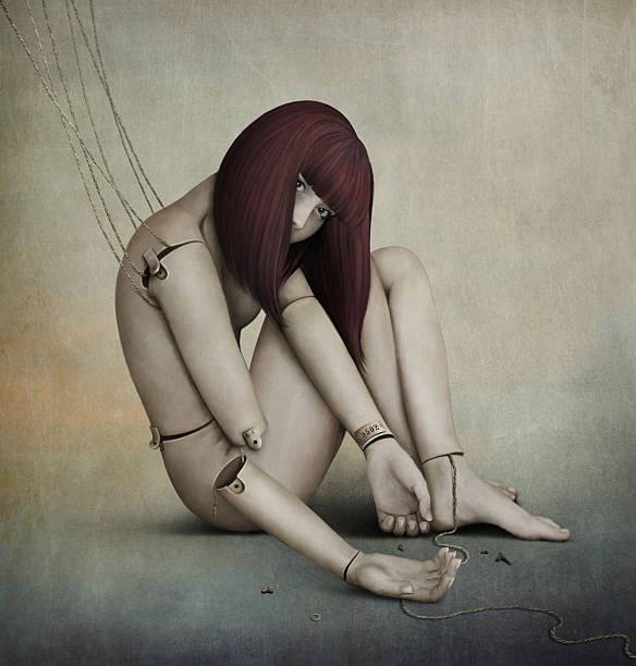 Doll Poster or illustration of broken doll. Computer Graphics. puppet strings stock illustrations