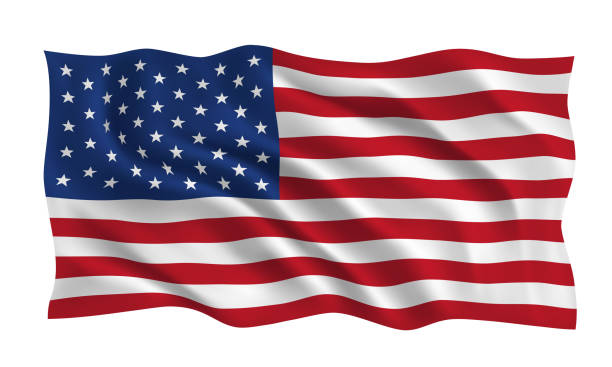 米国旗。アメリカ合衆国の公式旗が風になびく。アメリカのシンボル。アメリカ合衆国の現実的な旗。白い背景にアイコン。3dベクトル - アメリカ国旗点のイラスト素材／クリップアート素材／マンガ素材／アイコン素材