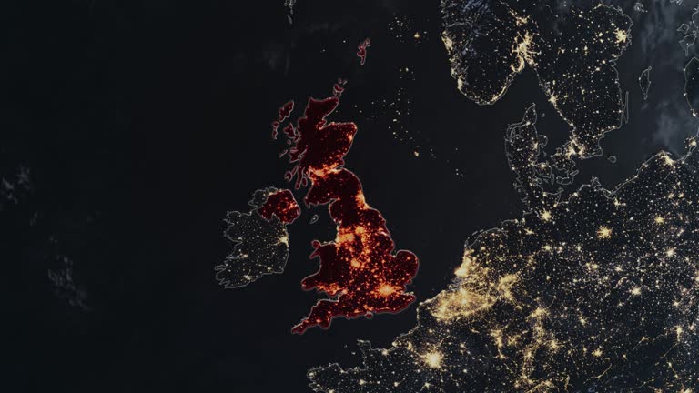 Highlighted dark map of United Kingdom, zooming in from the space through a 4K photo real animated globe, with a panoramic view consisting of Asia, Africa and Europe. Epic spinning world animation, Realistic planet earth, highlight, satellite, aerial