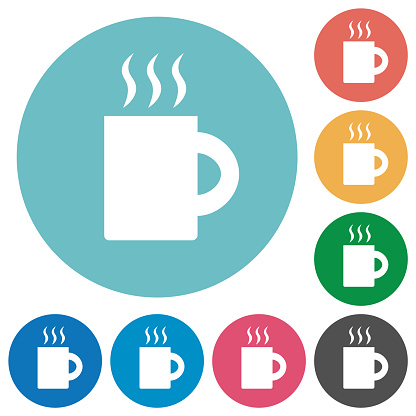 A mug of hot drink solid flat white icons on round color backgrounds