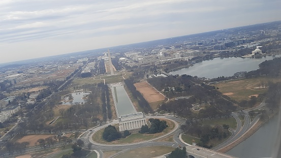 Aerial view of Washington, DC showing Landmark monuments