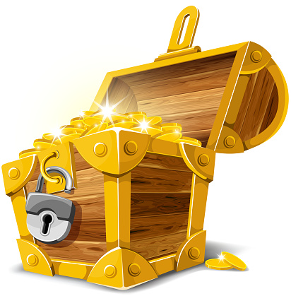 Opened antique treasure chest. Vector illustration EPS10. Transparent objects used for glowing and shadows.