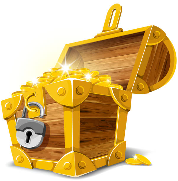 Antique gold treasure chest vector illustration Opened antique treasure chest. Vector illustration EPS10. Transparent objects used for glowing and shadows. antiquities stock illustrations