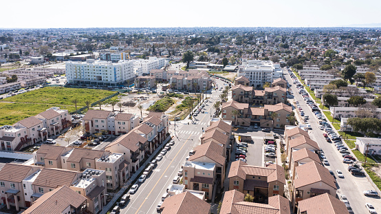 Afternoon aerial view of downtown Watts, California, USA.