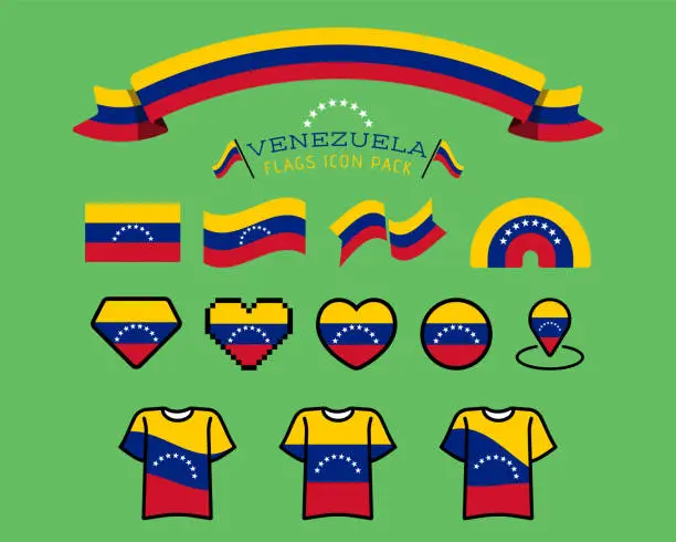 Vector illustration of Big set of label, stickers, pointer, badge, symbol and page curl with Venezuela flag icon on design element. Collection vector illustration. Isolated on white background.