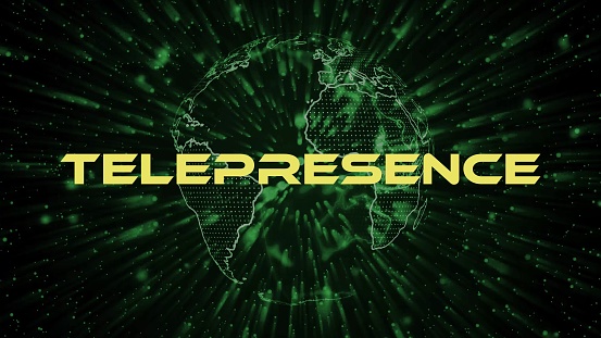 Telepresence text concept on si-fi particles background. Dot particles technological earth.