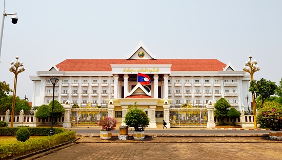 Vientiane, Laos.\nThe Lao Prime Minister's Office is located next to the Arch of Triumph, and its architectural style is highly characteristic of Lao nationality.