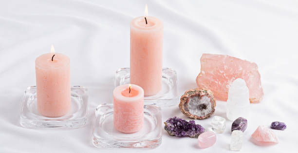istock Healing reiki chakra crystals over fabric background. Gemstones for wellbeing, harmony, meditation, relaxation, metaphysical, spiritual practices. Energetical power concept 1479880338