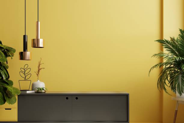 istock Minimalist interior background with black cabinet and yellow wall. 1479881528