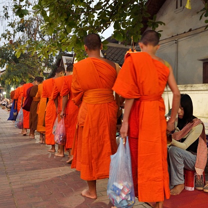 Group of senior and young monks walk on stair of the temple up to chapel or church to do some activity in early morning.