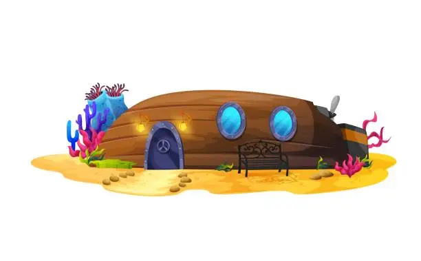 Vector illustration of Cartoon sunken boat, underwater house building