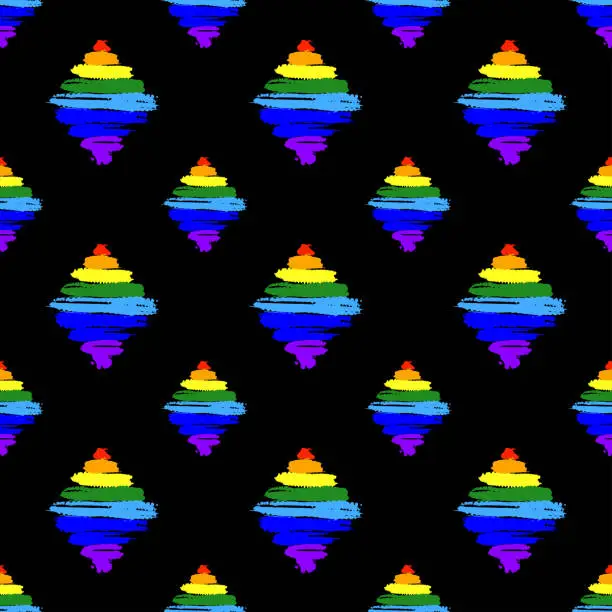 Vector illustration of Small ink striped rainbow rhombuses isolated on black background. Cute geometric seamless pattern. Vector simple flat graphic hand drawn illustration. Texture.