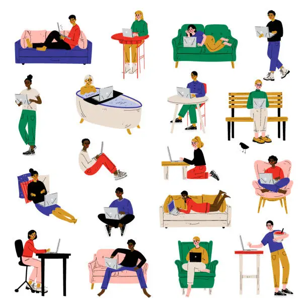 Vector illustration of Freelance People Character Working from Home Sitting and Lounging with Laptop Vector Set