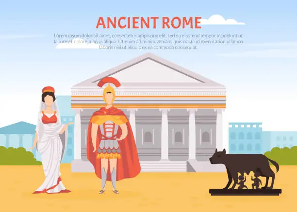Vector illustration of Ancient Rome Poster Design with Man and Woman in Traditional Wear Vector Template