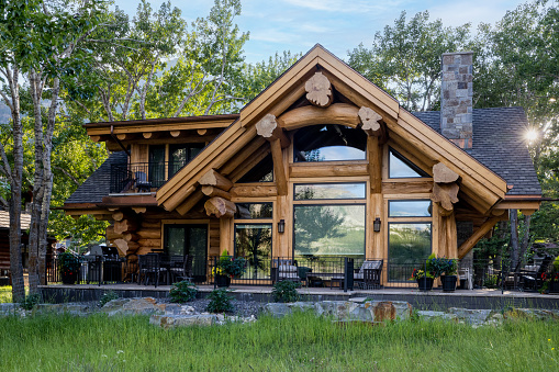 Waterton Lakes, Alberta, Сanada - July 26 2022 : Luxurious lakefront property located in Waterton Lakes on a sunny day of summer.
