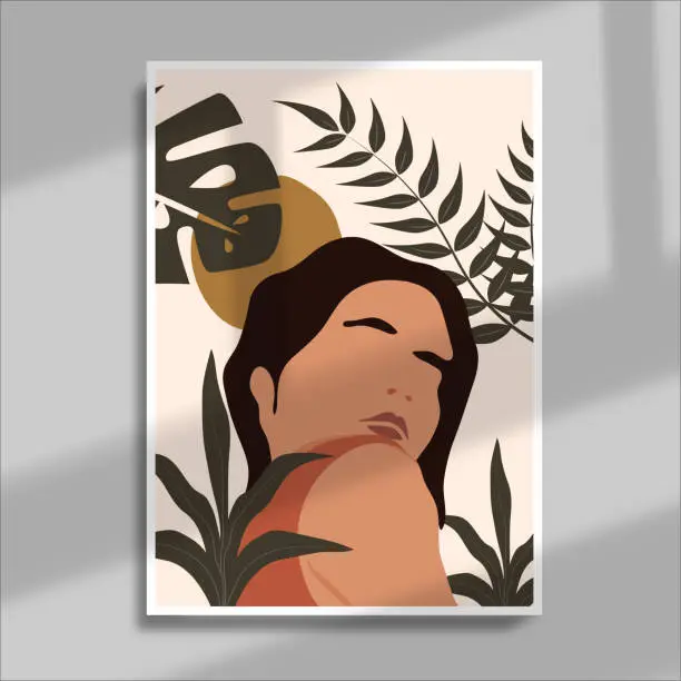 Vector illustration of abstract minimal portrait woman with leaves bohemian poster aesthetic decoration