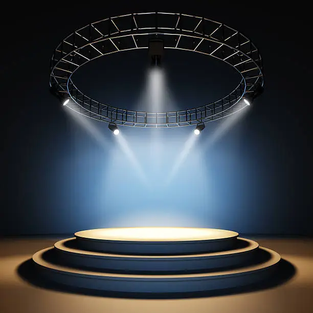 A 3d illustration of empty concert stage illuminated by spotlights.http://arts4art.com/Istock/stages_stands.jpg
