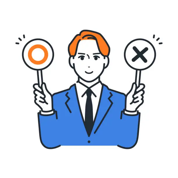 Vector illustration of A simple vector illustration material of a young businessman holding a bill of circles and crosses