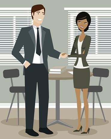 A pair of business people shaking hands before a meeting. No gradients were used when creating this illustration.