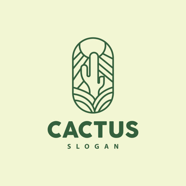 логотип кактуса, вектор зеленого растения пустыни, простой дизайн элегантный стиль линии, символ иллюстрации значка - horizon over land tree sunset hill stock illustrations