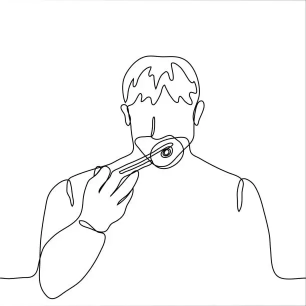 Vector illustration of man holds sushi (roll) with wooden chopsticks in front of his face; he prepared to eat. One continuous line drawing of Asian food (Japan). Can be used for animation.