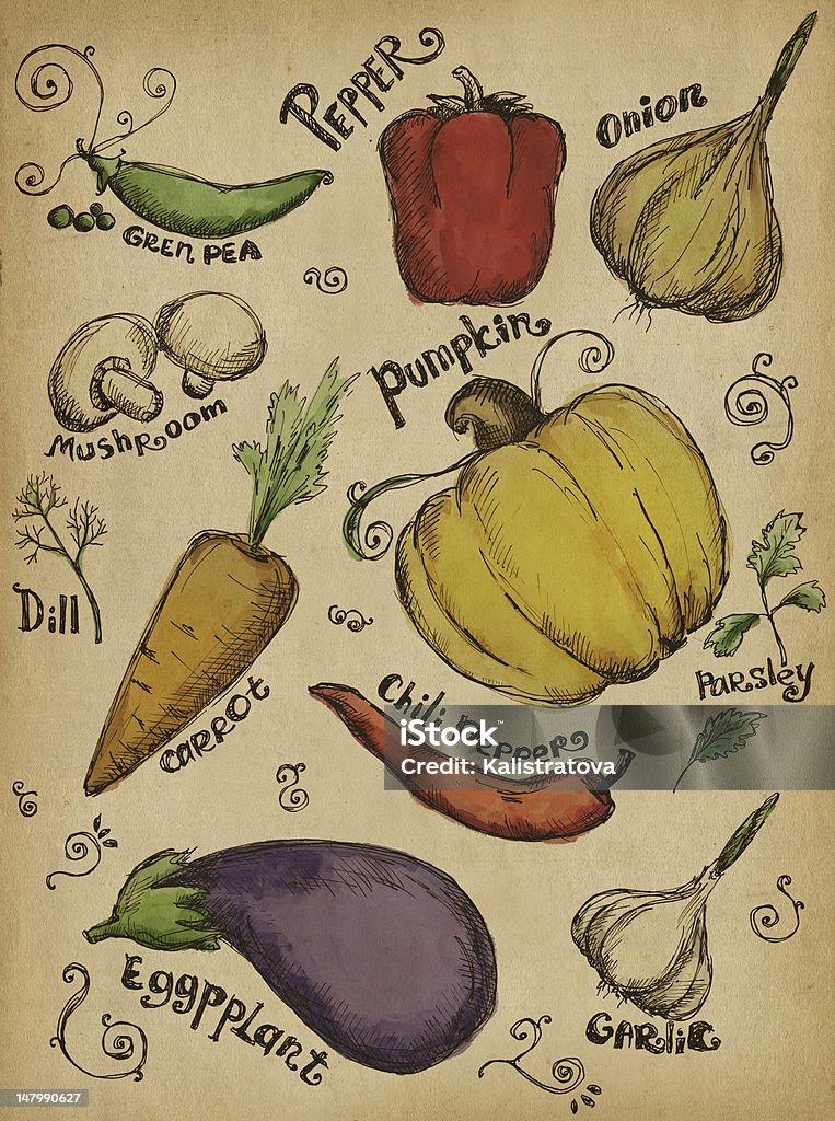 Disegnati a mano verdure - Illustrazione stock royalty-free di Verdura - Cibo