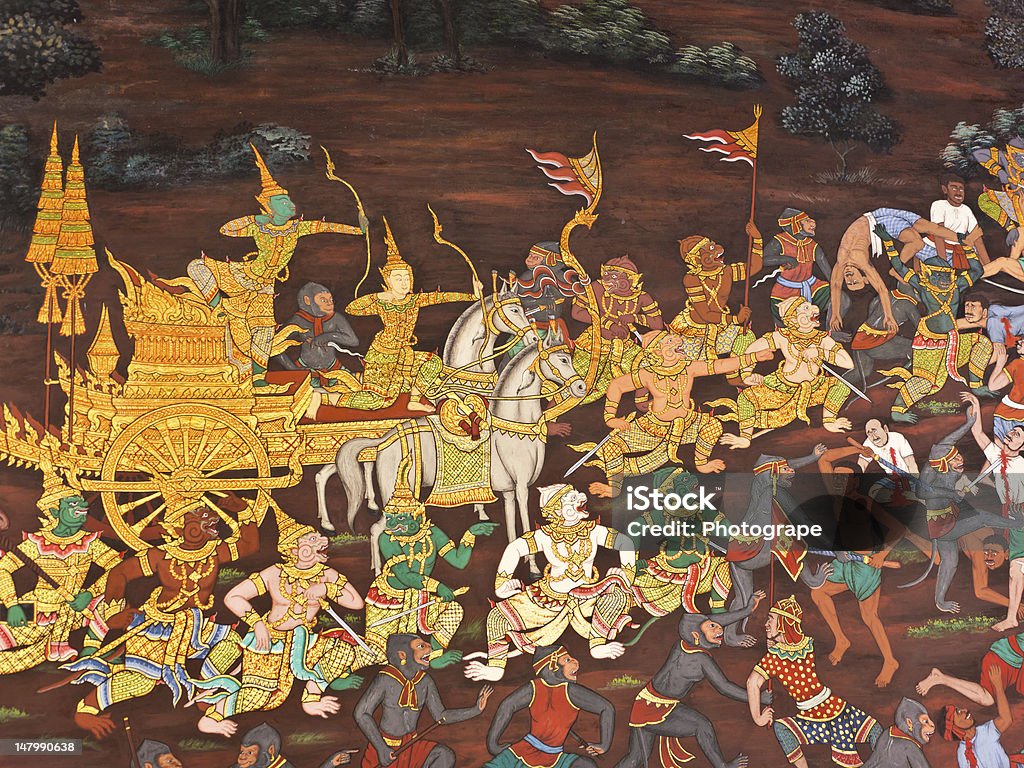 Mural painting Traditional Thai mural painting art about Ramayana story on temple wall, Wat Phrakaew, Bangkok Ancient Stock Photo