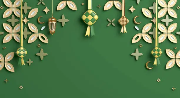 Photo of Islamic decoration background with ketupat, lantern, crescent, cartoon style, ramadan kareem, mawlid, iftar, isra  miraj, eid al fitr adha, muharram, copy space text area, 3D illustration.