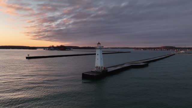Early winter morning aerial video of Sodus Point Lighthouse, Sodus, New York.