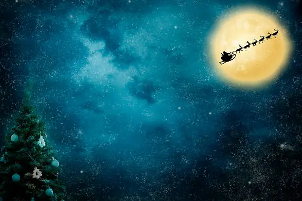 Santa flies to deliver gifts. On night sky background